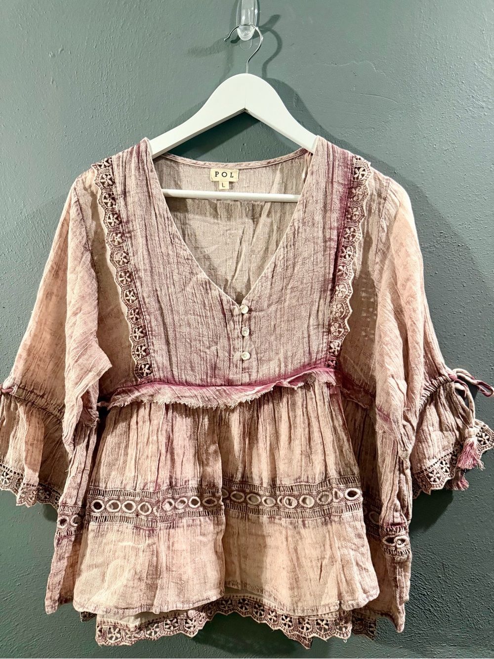 NWOT.POL Washed Rose Peasant Tunic with Lace Trim